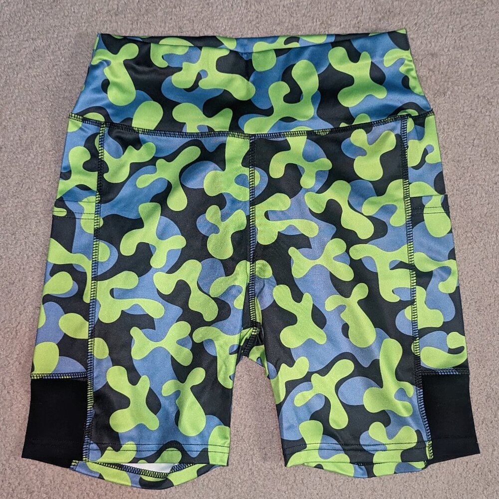 Ladies purple and green camo biker shorts